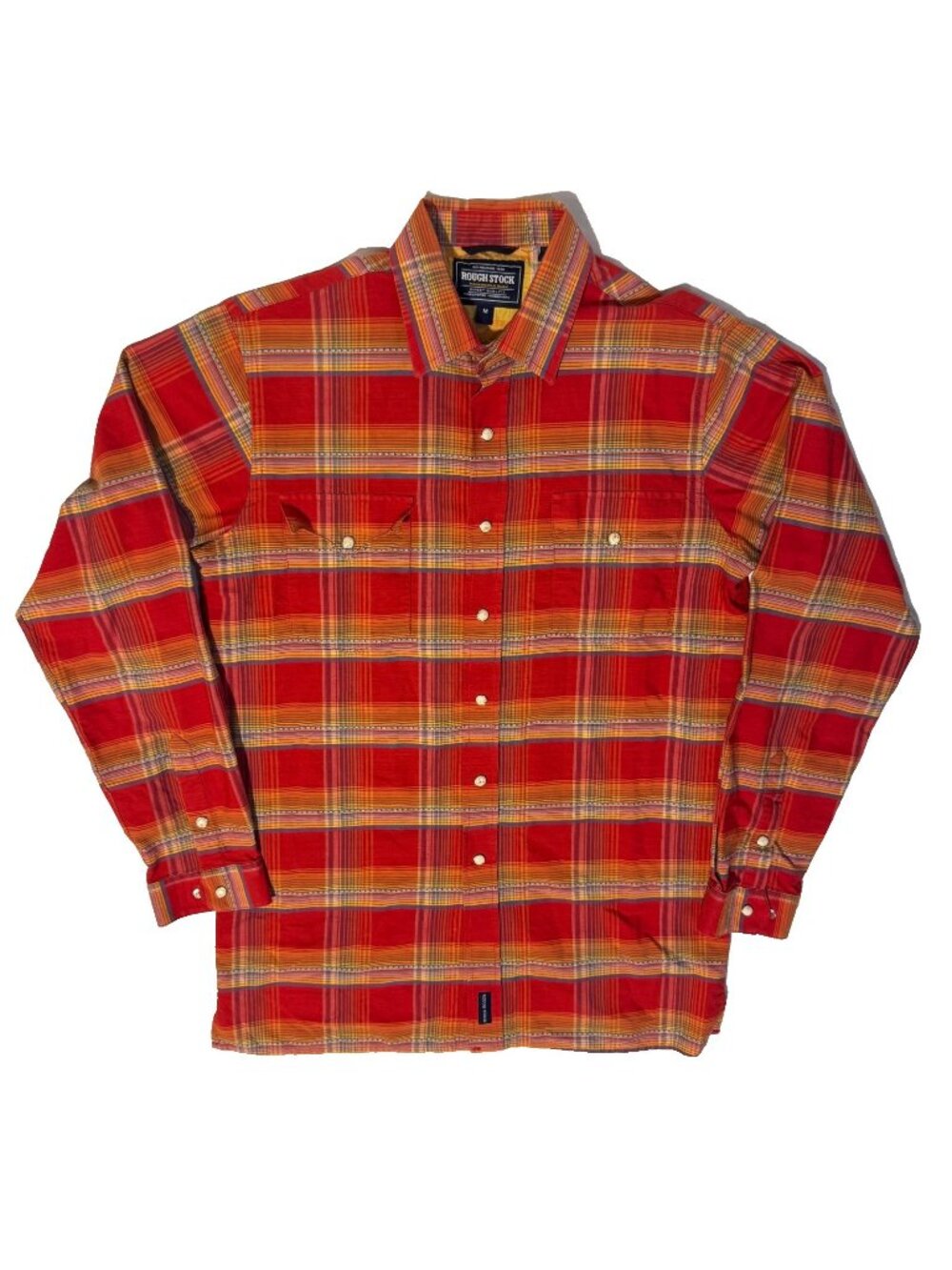 Roughstock Panhandle Slim Orange Western Plaid Shirt Button Pearl Snap Rodeo Med